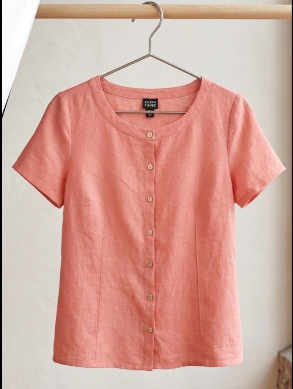 Eileen Fisher 100% Irish Linen Blouse MediumShort Sleeve Button Front Top Coral